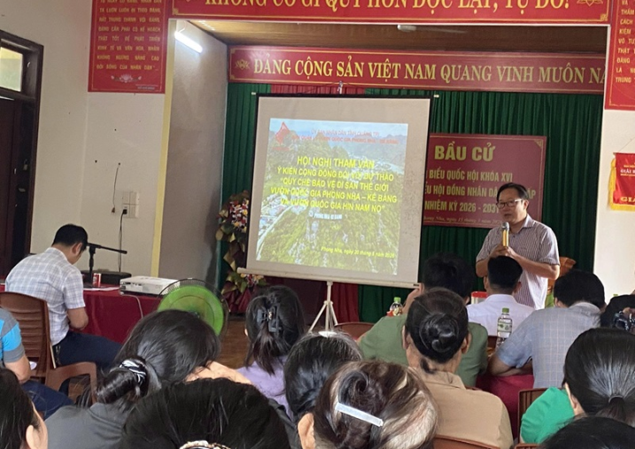 Ban quản lý Vườn quốc gia Phong Nha – Kẻ Bàng tổ chức Hội nghị lấy ý kiến cộng đồng dân cư đối với Dự thảo “Quy chế bảo vệ di sản thế giới Vườn quốc gia Phong Nha – Kẻ Bàng và Vườn quốc gia Hin Nam No”